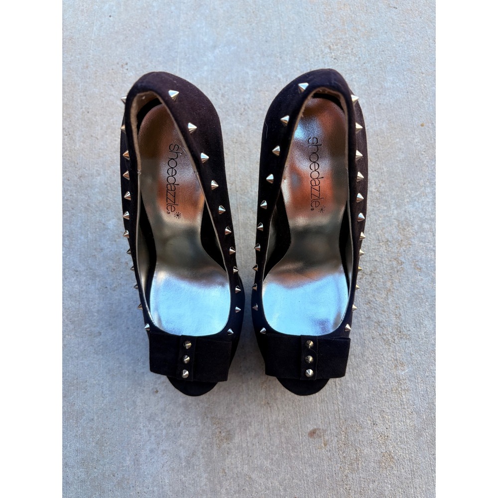 Y2K Shoedazzle Black Studded Peep Toe Platform Stiletto Pumps Heels Womens 7 - Picture 2 of 5
